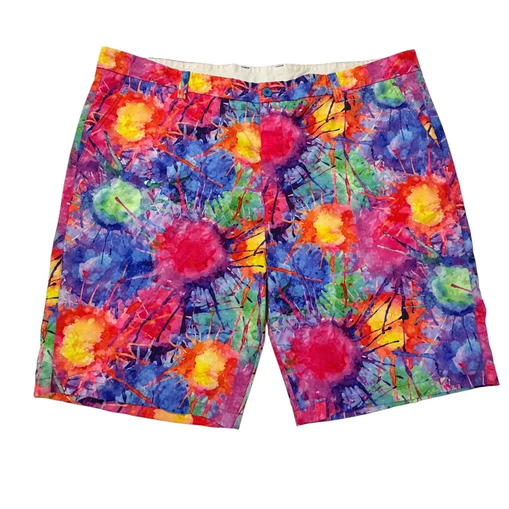 Hreski Mens Size 44 Watercolor Paint Splatter Golf Shorts Rainbow Stretch